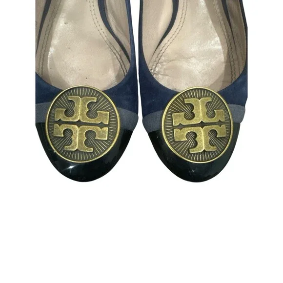 Tory Burch Alastair Slingback Heels Navy Suede Classic Logo Medallion 6M - Picture 4 of 6